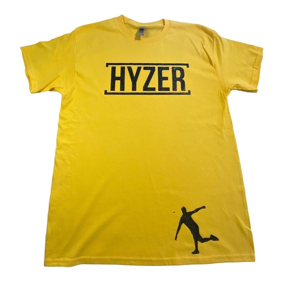 Disc Golf Shirt HYZER Vinyl Custom Logo L Graphic T-Shirt YELLOW - Picture 1 of 5